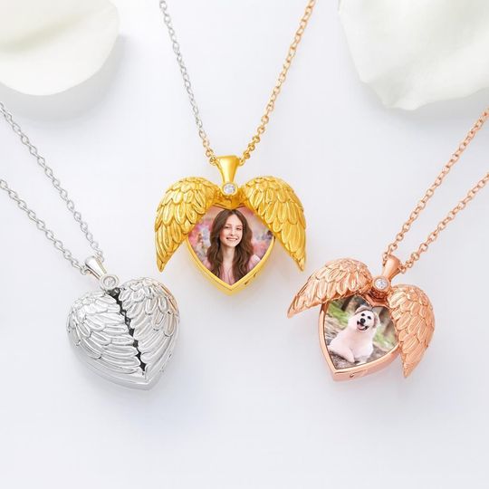 Angel Wing Photo Urn Necklace Memorial Heart Locket Cremation Jewelry for Pet, Baby, Loved One