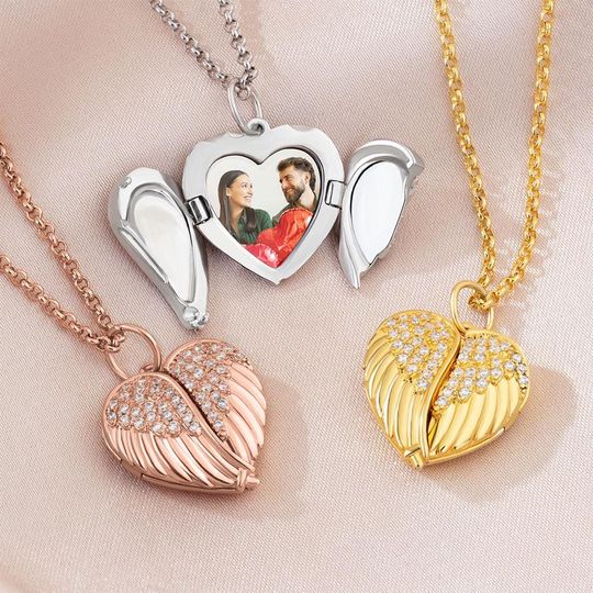 Personalized Angel Wings Heart Photo Locket Necklace, Sterling Heart Necklace, Christmas Gift