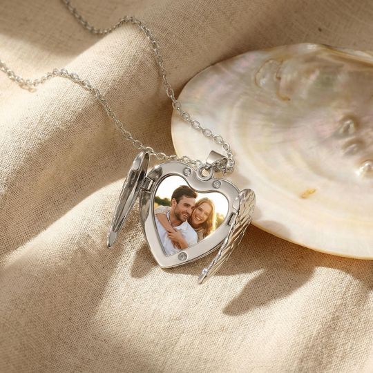 Heart with wings necklace, Heart photo locket pendant necklace, Love locket necklace, Angel wings pendant silver picture, Custom locket