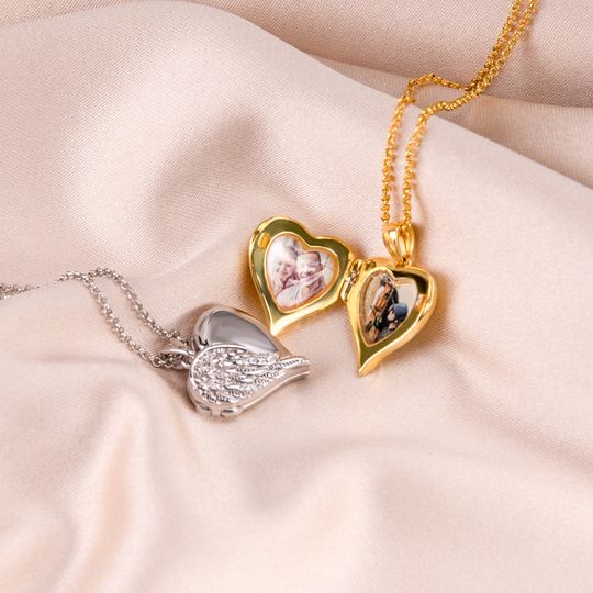 Custom Angel Wings Heart Locket Necklace, Personalized Photos Necklace, 925 Jewelry for Women, Gift for Mom
