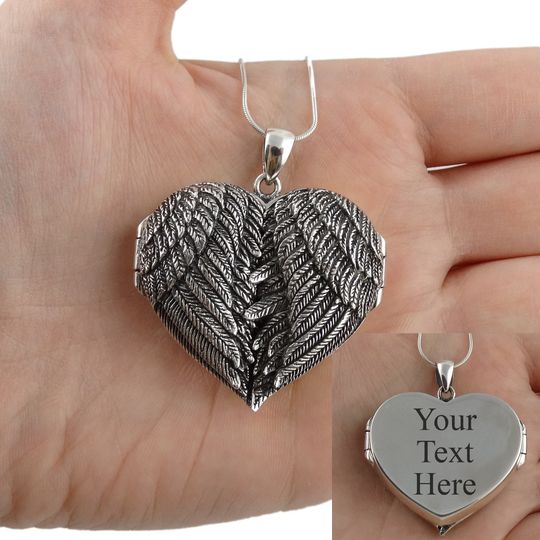 Personalized Angel Wing Heart Locket Necklace: Custom Engraved