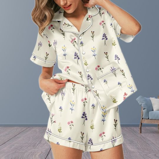 Discover Wildflower Short Pajamas, Flower Women Pajamas, Natural Lover Silk Pajamas For Women, Plant Lover Short Sleeve Pajamas