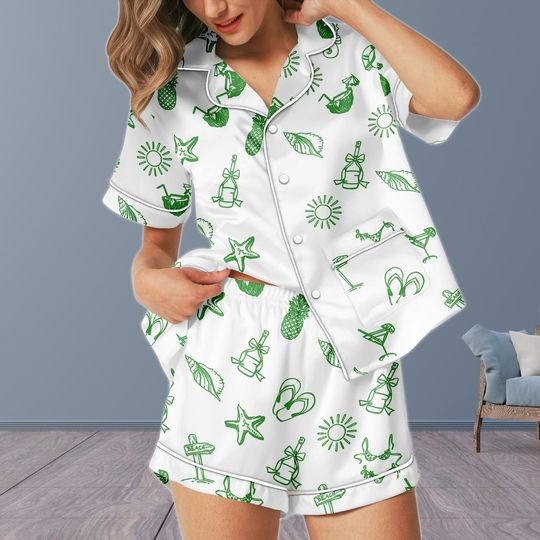 Discover Bachelorette Beach Short Pajamas, Custom Name Bridesmaid Party Pajamas Set, Bridal Silk Pajamas For Women, Matching Summer Pjs