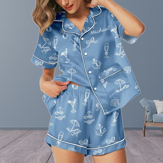 Discover Bachelorette Party Short Pajamas, Custom Name Beach Party Pajamas Set, Bridal Silk Short Sleeve Pajamas, Matching Summer Pjs