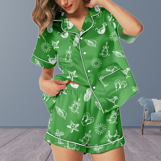 Discover Bachelorette Party Short Pajamas, Matching Summer Pjs, Custom Name Beach Party Silk Pajamas For Women, Bridal Pajama Set Women
