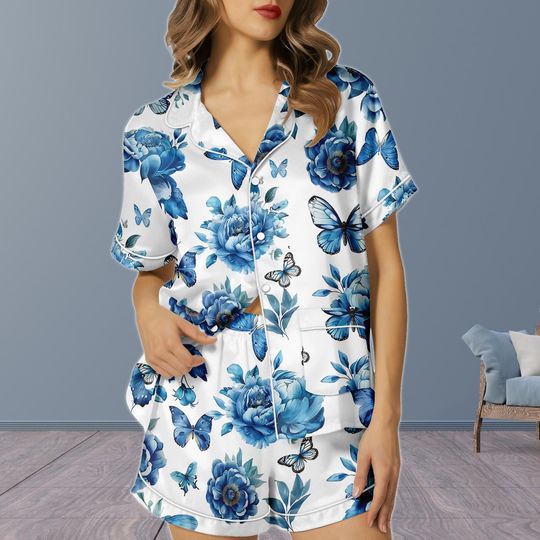 Discover Blue Butterfly Short Satin Pajamas, Floral Silk Pajamas For Women, Natural Lover Matching Pajamas, Short Sleeve Pajamas, Animal Pajamas