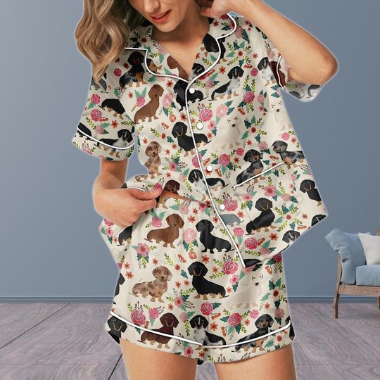 Discover Dachshund Floral Short Satin Pajamas, Dog Lover Bridesmaid Pajamas, Dachshund Dog Silk Pajamas For Women, Pet Love Pajamas Shorts