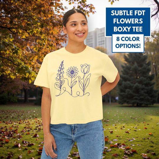Subtle FDT Flowers Women's Boxy Tee with Foxglove Daisy Tulip Print