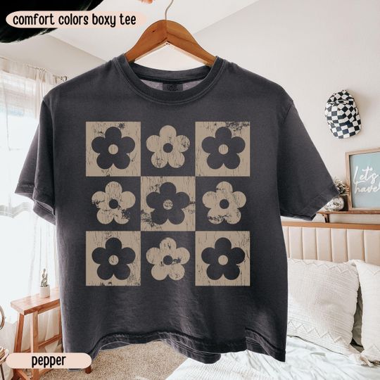 Comfort Colors Boxy Crop Top Checkered Flowers Boho Floral T-Shirt for Women