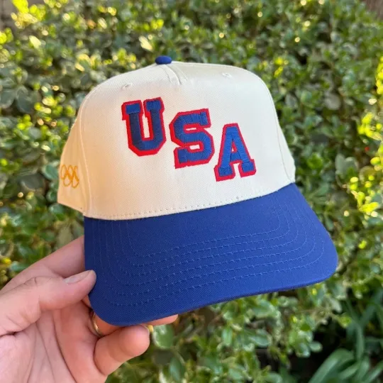 Embroidered Team USA Winter O Hockey Baseball Hat - Natural & Royal Blue Hat