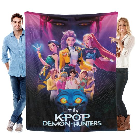 Discover Personalized Cozy K pop Demon Hunters Blanket ,Flannel Kids Name Blanket,Kpop Fun Gift.