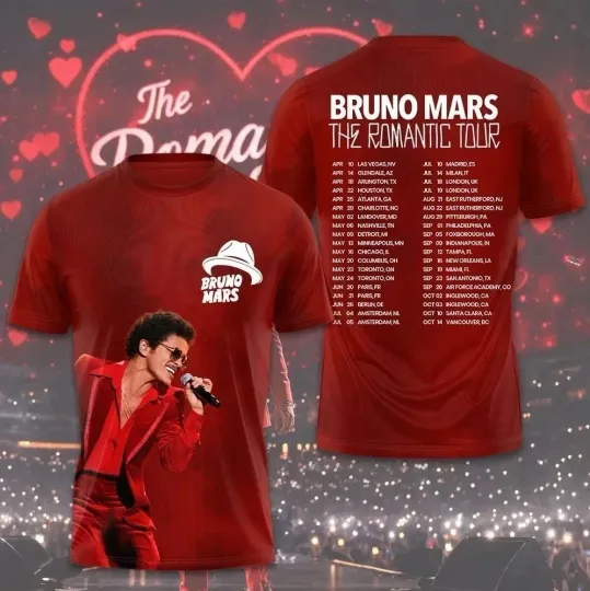 Discover Hot NEw Bruno Mars The Romantic Tour 2026 AOP 3D T-Shirt S-5XL