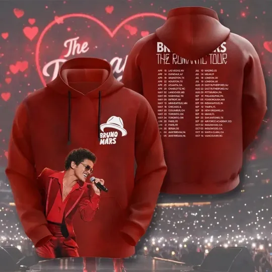 Discover Bruno Mars The Romantic Tour 2026 3D Hoodie RED Men And Women