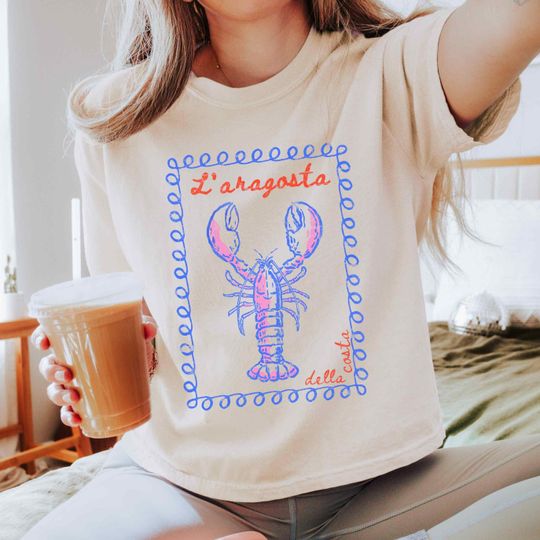 Lobster Cropped Boxy Tee, Amalfi Aesthetic Comfort Colors, Preppy Italian Market Sardines Shirt, Summer Beach Tshirt