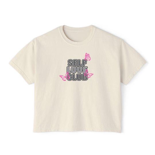 Self Love Club Women's Boxy T-Shirt, Casual Affirmation Tee, Gift for Friends, Butterfly Design