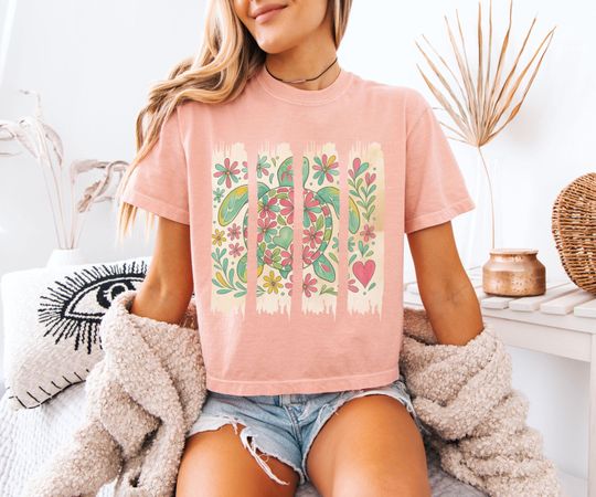 Floral Sea Turtle Crop Top: Comfort Colors Boxy Tee