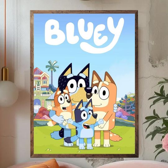 Discover BlueyDad Family Posing Together Poster Unframed, Classic Heeler Family Wall Art, 2026 Nursery Print, Playroom Decor