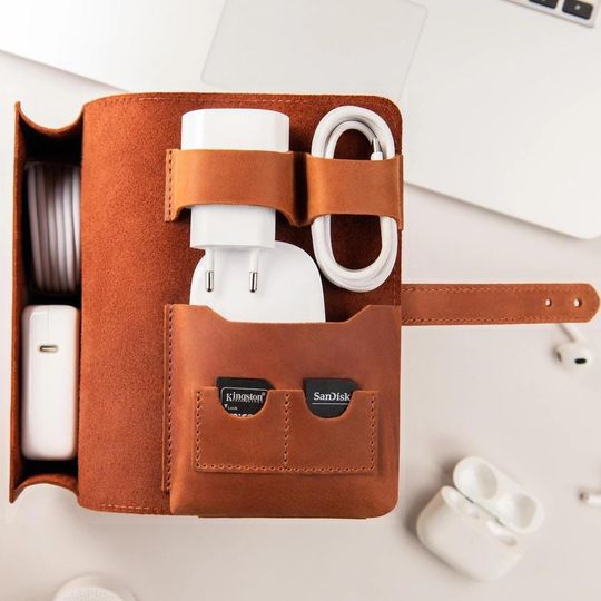 Personalized Leather Tech Organizer Case for Cables, Chargers, AirPods, and Accessories
