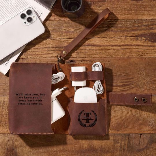 Discover Personalized Leather Tech Organizer: Custom Cable or Gadget Pouch, Travel Gift for Him or Her