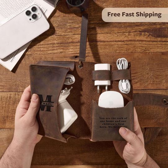 Personalized Leather Charger Bag - Custom Gift for Husband, Dad, or Grandpa, Travel Tech Organizer