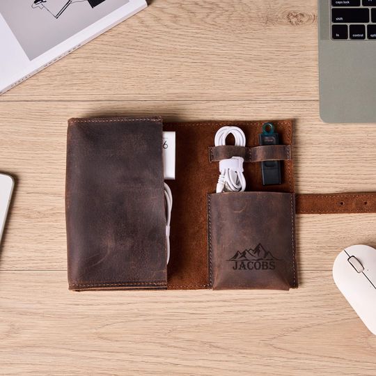 Discover Personalized Leather Cable Organizer, Handmade Travel Tech Bag, Charger, Cord Organizer, Custom Tech Case, Gift for Travelers, Gadget Lovers