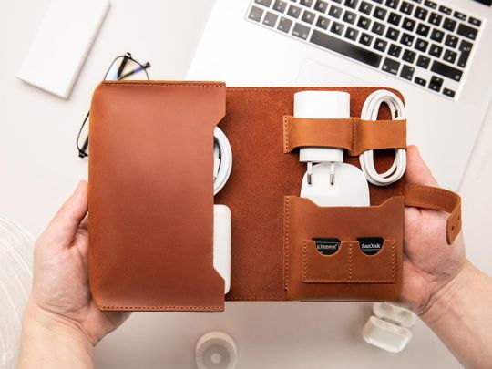 Discover Personalized Cable Organizer, Leather Charger Case, Leather Charger Holder, Travel Electronics Bag, Genuine Leather Cables Holder