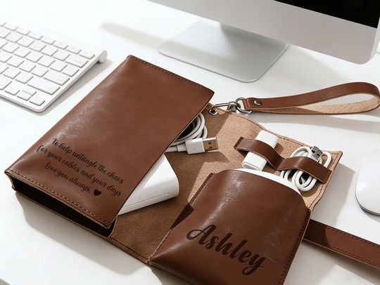 Personalized Full Grain Leather Cable Organizer, Customized Travel Electronics Holder, Carrier Gift for Him