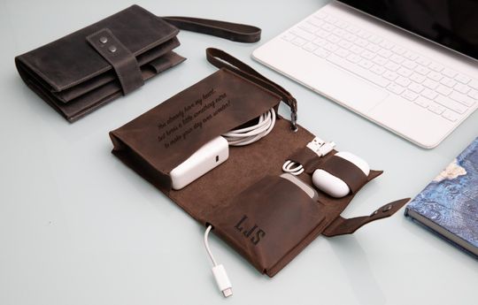 Discover Personalized Leather Cable Organizer, Travel Electronics Accessories Bag, Custom Tech Organizer Gift for Him