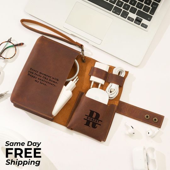 Personalized Leather Charger Organizer, Travel Cable Case for Him, Her, Parents