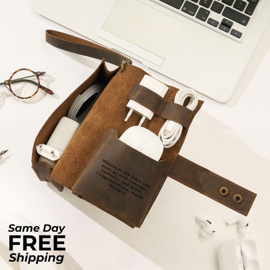 Custom Engraved Leather Charger Organizer Bag - Travel Cable and Charger Case for Men and Women