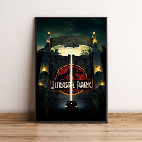 Jurassic Park Entrance Movie Poster, Dinosaur T-Rex Sci-Fi Thriller Cult Film Art Print, 1990 Steven Spielberg Glossy Large Format Gift