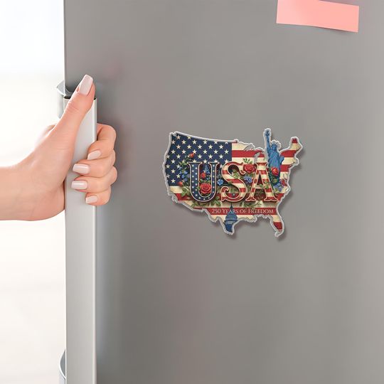 Discover Acrylic Fridge Magnet: USA Map Shape with Floral Flag Design, 250th Anniversary Patriotic Decor