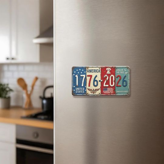Discover USA 250th License Plate Magnet: Vintage Semiquincentennial Fridge Decor