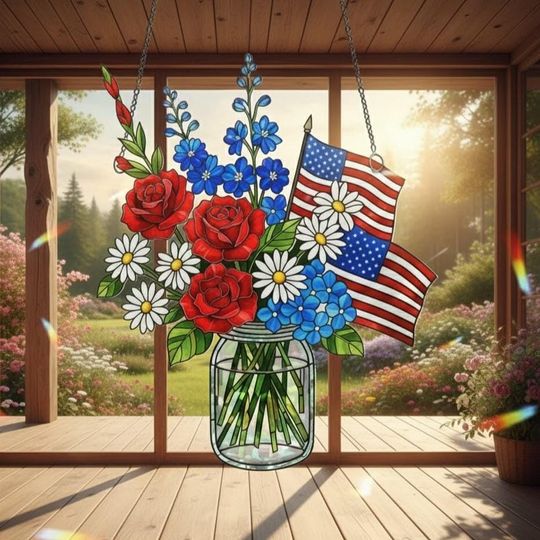 Discover Patriotic Flower Suncatcher: USA 250th Anniversary Ornament, July 4 Decor