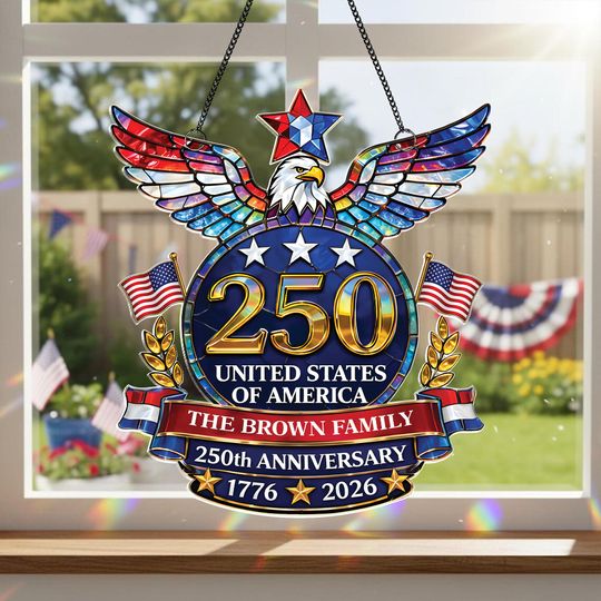 Discover Personalized American Eagle Suncatcher, USA 250th Anniversary Decor, Custom Family Name Patriotic Art