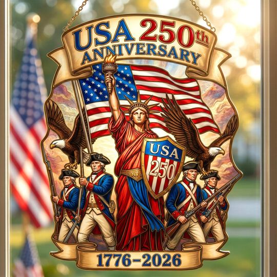 Discover USA 250th Anniversary Suncatcher, Patriotic Liberty Window Decor, Acrylic Art