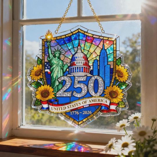 Discover USA 250th Anniversary Acrylic Suncatcher, 17762026 Patriotic Window Decor