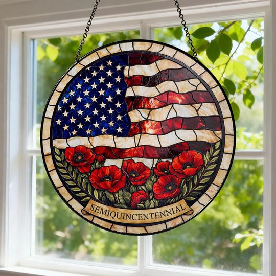 Discover USA 250th Anniversary Stained Glass Suncatcher, Semiquincentennial 17762026 Gift, American Flag & Poppies Window Hanging, Patriotic Decor