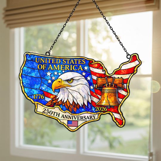 Discover America 250th Anniversary Suncatcher, 1776-2026 Patriotic With Eagle Window Hanging, United States Independence Day Decor