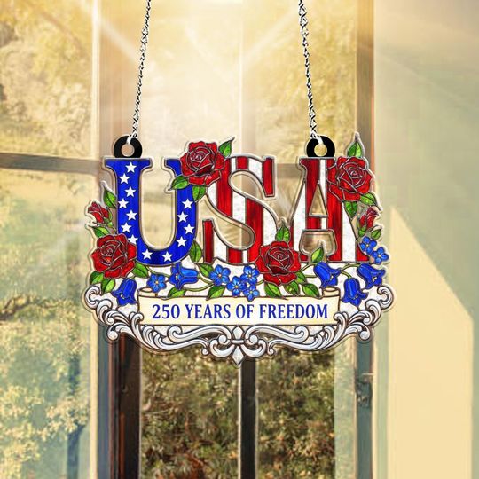 USA 250th Anniversary Suncatcher, Patriotic Floral Window Hanging, American Independence Decor, 250 Years of Freedom Gift