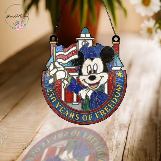 Discover USA 250th Anniversary Mickey Acrylic Suncatcher Ornament, Disney Independence Day Window Decoration, Retro Mouse 1776-2026 America 250
