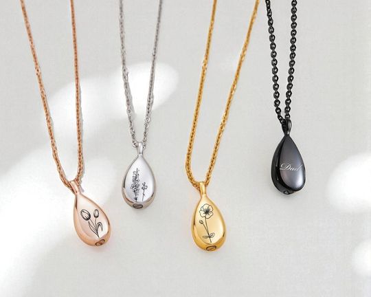 Discover Personalized Birth Flower Teardrop Urn Necklace, Memorial Keepsake,Teardrop Urn Necklace for pet Ashes, Personalized Birth Flower Keepsake