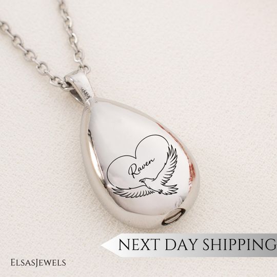 Personalized Name Teardrop Urn Necklace with Engraved Phoenix Bird Memorial Jewelry for Women