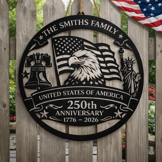 Personalized Patriotic Metal Sign, USA 250th Anniversary Eagle Flag Decor
