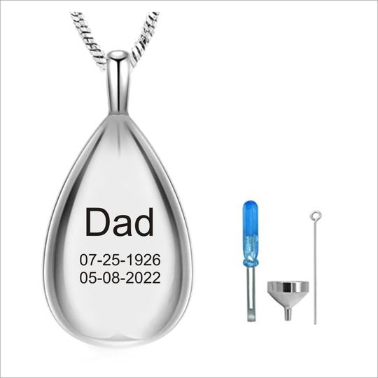 Engraved Teardrop Urn Necklace: Stainless Steel Cremation Jewelry, Pet Memorial