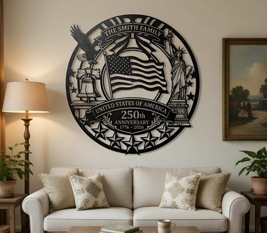 America 250th Metal Sign: Custom Family Name Sign US Flag Eagle Wall Decor, Patriotic Wall Art, 4th of July Gift