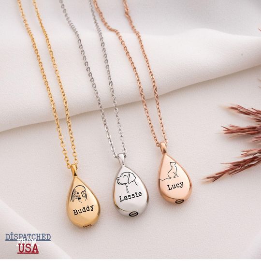 Personalized Teardrop Pet Urn Necklace, Custom Dog Cat Memorial Jewelry, Engraved Ashes Keepsake Pendant, Pet Loss Gift