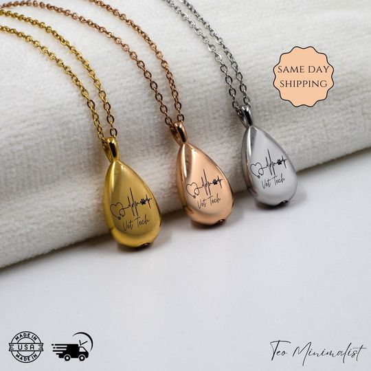 Personalized Vet Tech Teardrop Necklace: Engraved Pet Memorial Keepsake