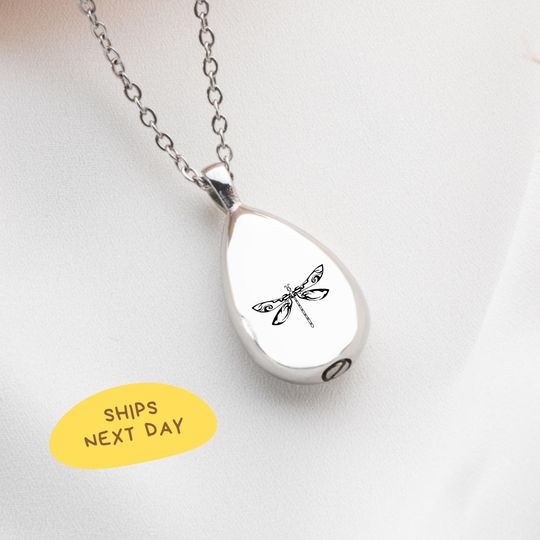 Teardrop Dragonfly Necklace Keepsake Personalized Urn Ash Holder Adjustable Memorial Jewelry Engraved Cremation Pendant