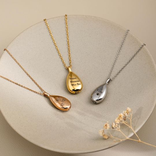 Teardrop Pet Urn Necklace, Cremation Pendant, Personalized Birth Flower Memorial Jewelry